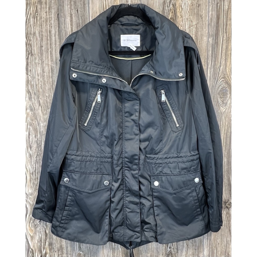BCBGeneration Jacket Utility Military XL Grey Zip‎ Cinch Waist Hood Moto Edgy